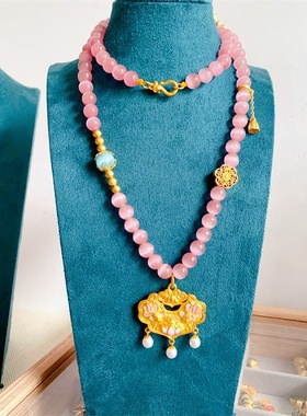 沙金粉色双鱼锦鲤大号锁包毛衣链