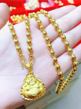 越南沙金笑脸大肚佛吊坠项链光面圆珠光珠观音佛男女项链久不掉色