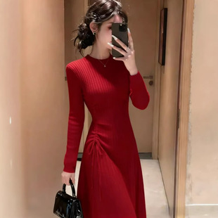 2026秋冬季新款法式连衣裙修身纯色套头中长款毛衣裙过膝针织裙子