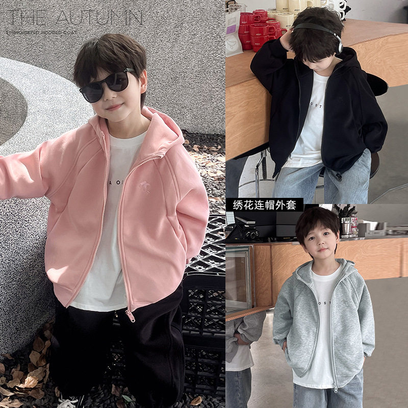 童酷2026儿童秋款湖州织里童装韩版宝宝卫衣纯色刺绣连帽男童外套