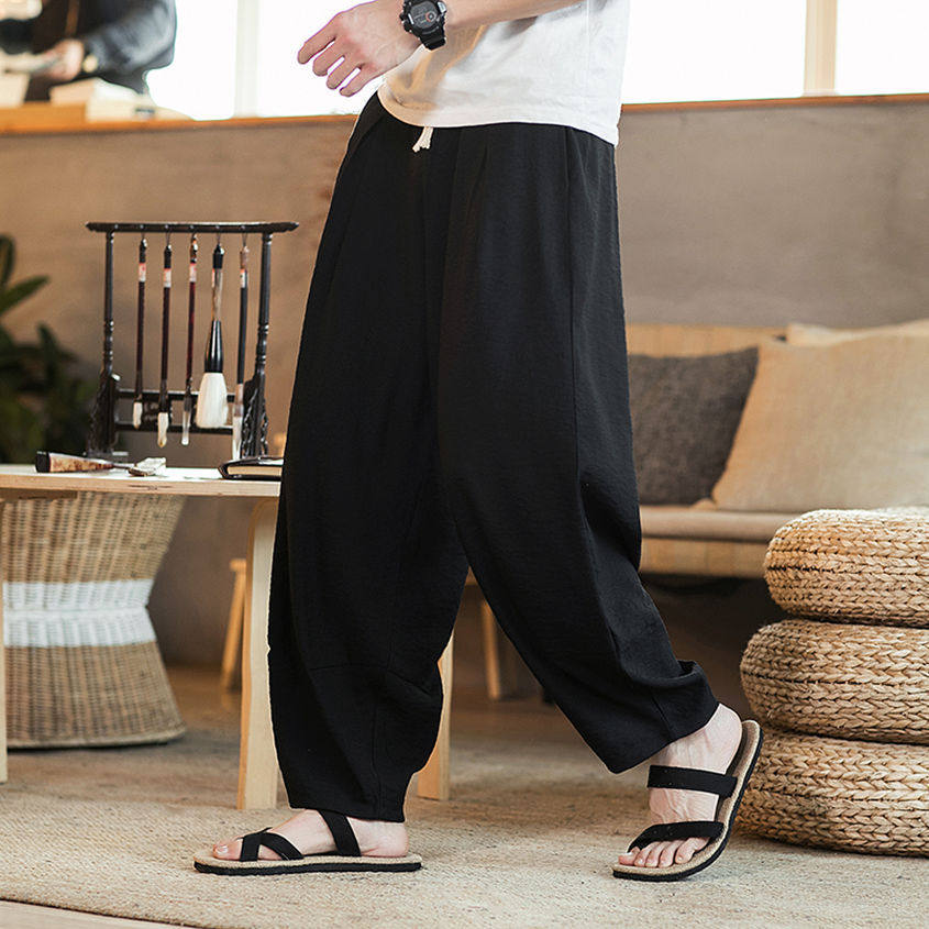 亚麻裤男裤子夏季中国风男装冰丝休闲裤胖子哈伦裤春秋宽松