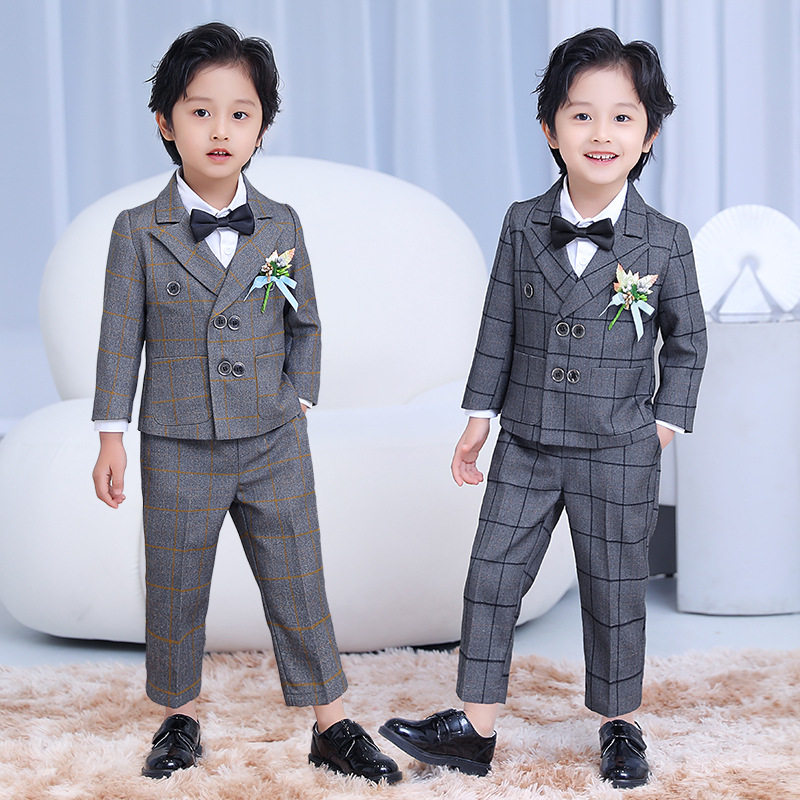 儿童礼服男宝宝周岁生日摄影服春季新款韩版男孩洋气格子西装