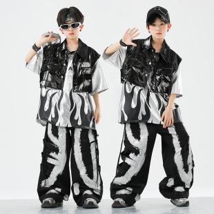 儿童街舞潮服演出服男童套装 嘻哈爵士皮衣马甲少儿 hiphop童装