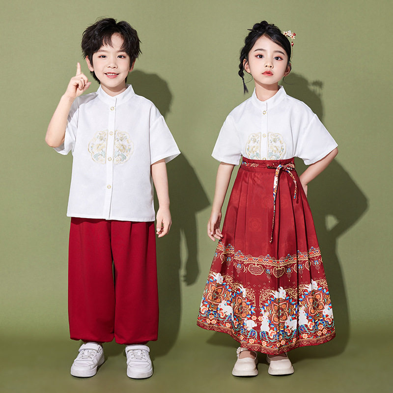 六一儿童中国风演出服女童红色马面裙大合唱表演汉服男童套装朗诵