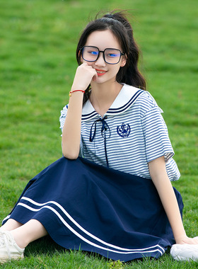 新23206t初中学生学院风套装大童夏装高中女生条纹海军风两件
