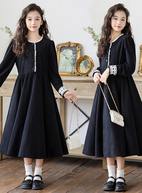 女童灯芯绒连衣裙秋冬长袖气质长裙2026中大童儿童洋气法式裙子