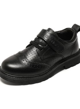 童鞋2026儿童黑色镂空透气软底小皮鞋春夏新款男童真皮演出鞋