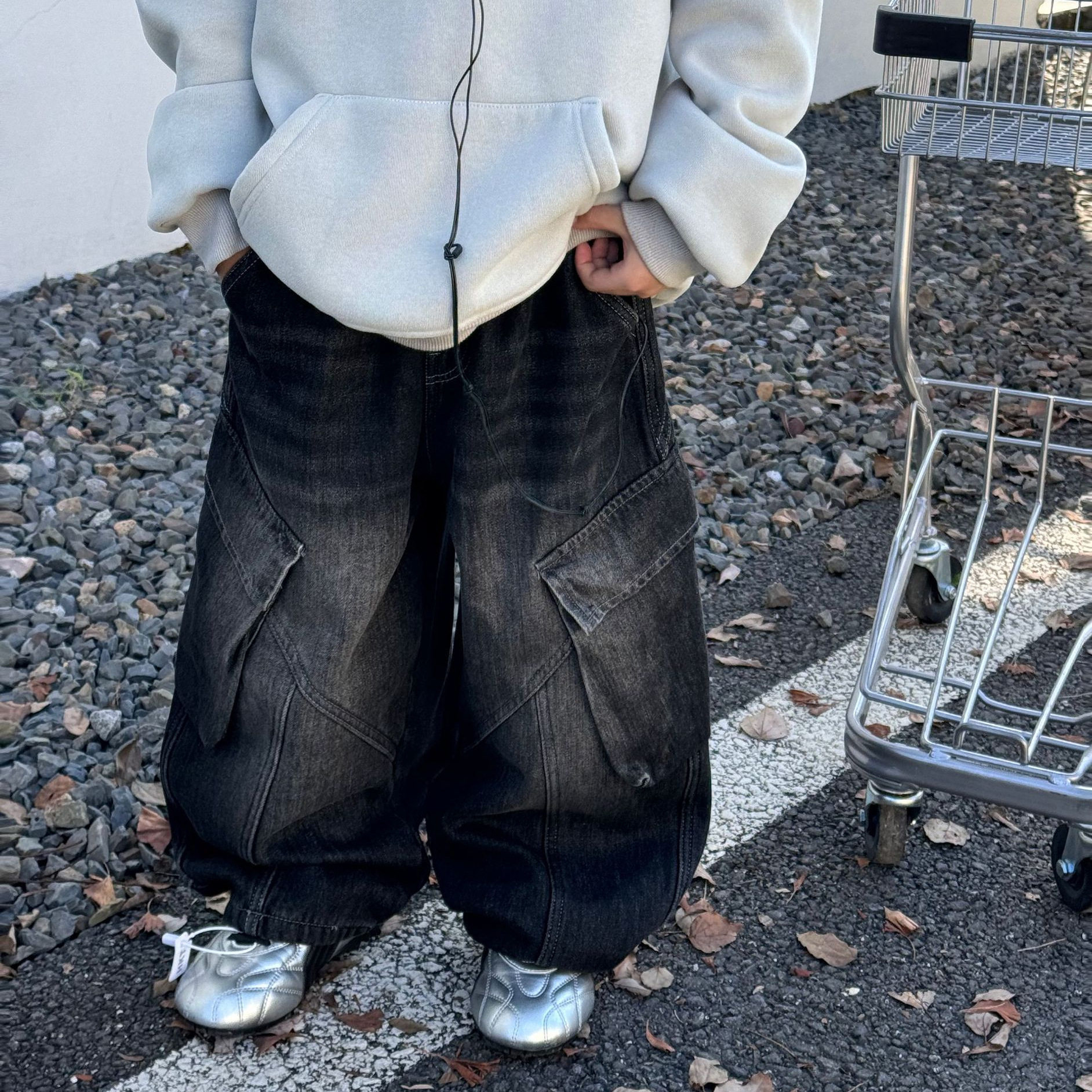 泰如2025冬季新款儿童美式复古水洗做旧多口袋工装加绒牛仔裤男童