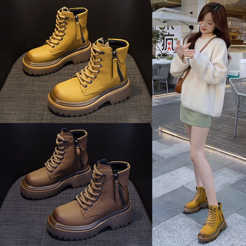 马丁靴女2025新款复古机车靴欧美皮面短筒工装靴英伦风百搭女靴子