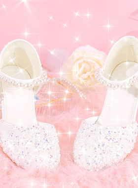 女童高跟鞋白色水晶女儿童高跟配礼服走秀鞋子花童舞台演出