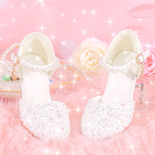 女童高跟鞋白色水晶女儿童高跟配礼服走秀鞋子花童舞台演出