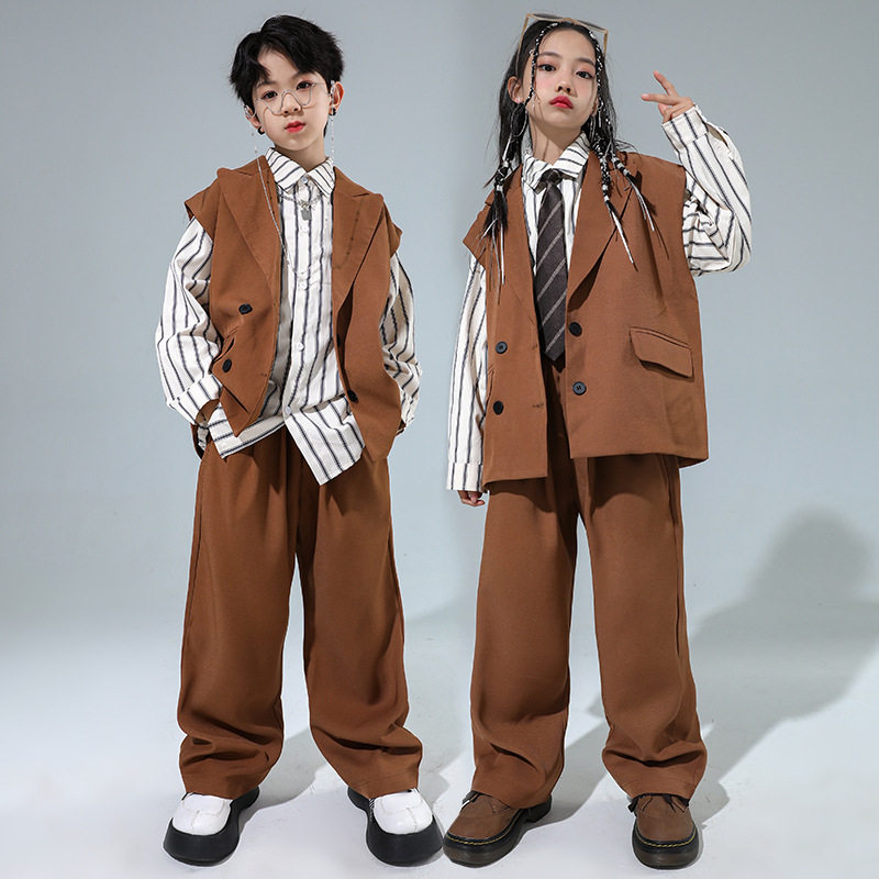 儿童街舞潮服男童西装马甲少儿走秀hiphop女童爵士舞演出嘻哈套装