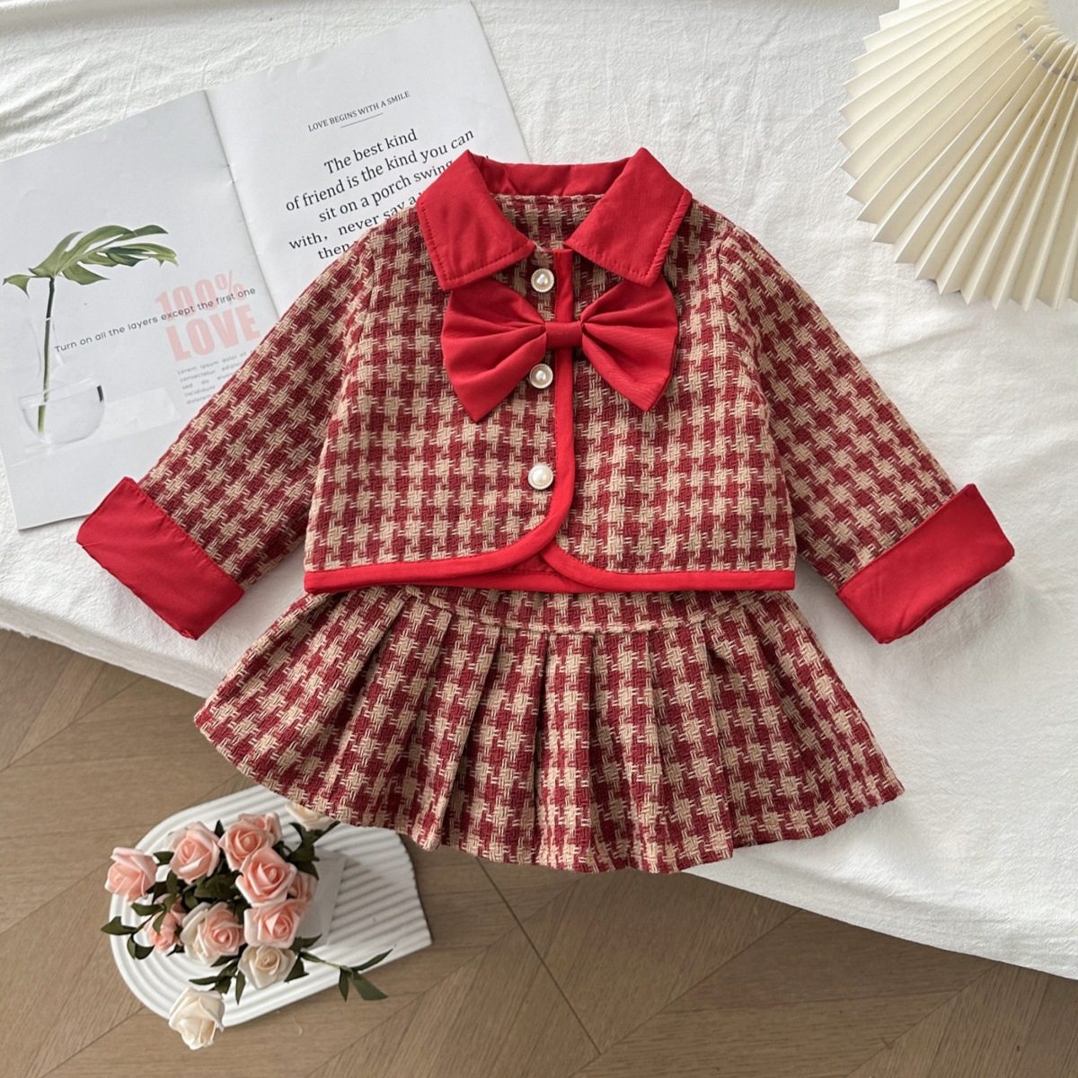 2024冬季新款韩版女童小香风红格蝴蝶结套装宝宝加棉两件套77355,童装/婴儿装/亲子装,儿童运动套装,淘宝优惠券,粉丝福利购,淘宝优惠卷