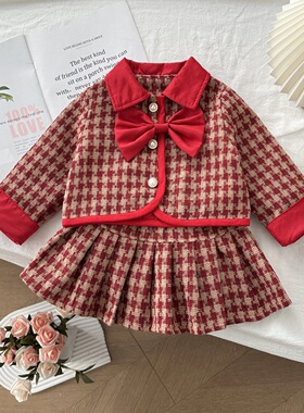 2024冬季新款韩版女童小香风红格蝴蝶结套装宝宝加棉两件套77355
