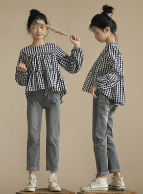 日系文艺长袖娃娃衫棉秋冬中大女童黑白格上衣宽松小个子衬衫