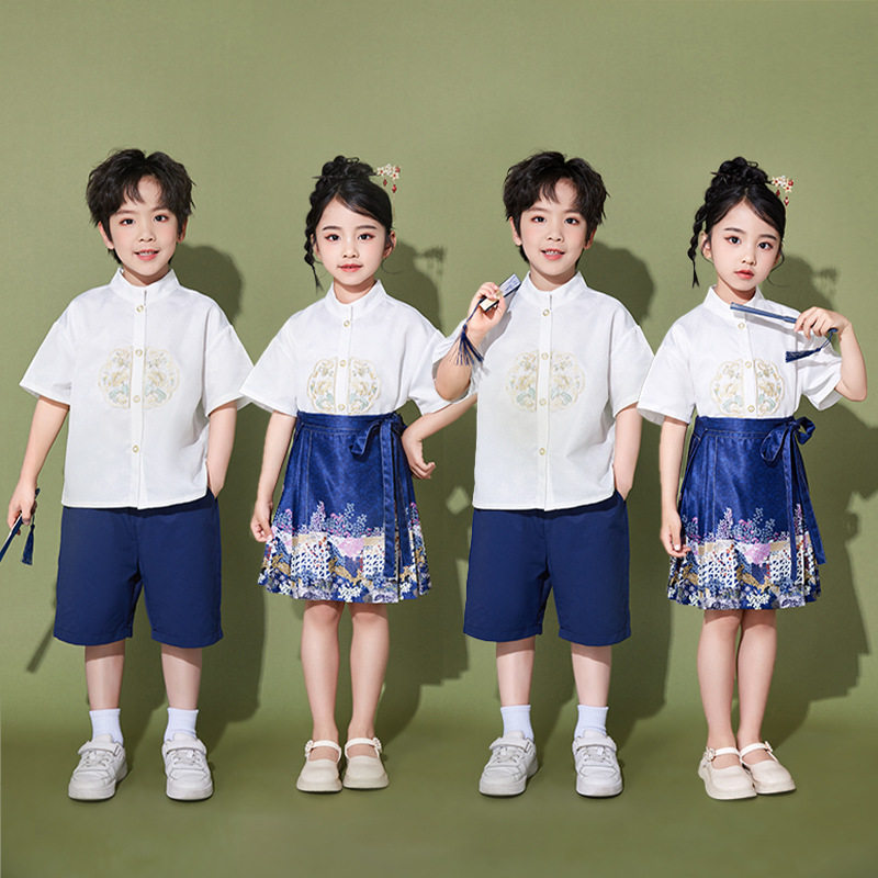 六一儿童中国风演出服女童藏青马面裙大合唱表演汉服男童古装朗诵