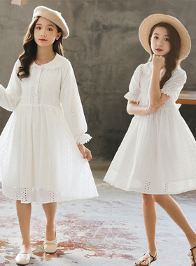 夏装女童连衣裙2025中大童白色娃娃领公主裙扎染白胚全棉儿童裙子