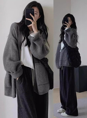 慵懒风灰色毛衣开衫外套女2025春秋冬款感针织百搭休闲上衣潮