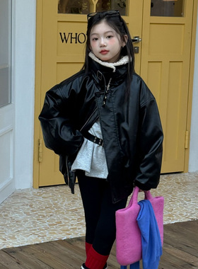 花与寻童装女童皮衣2026冬款韩版皮衣夹棉厚外套羊羔毛翻领保暖