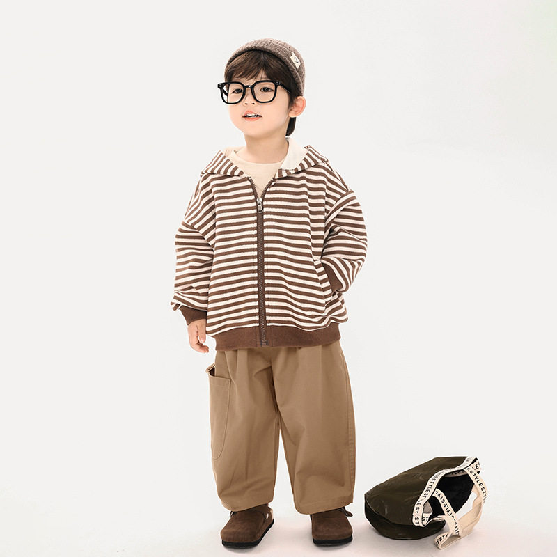 畅果童装男童外套春装儿童韩版春秋上衣中小童条纹连帽夹克开衫