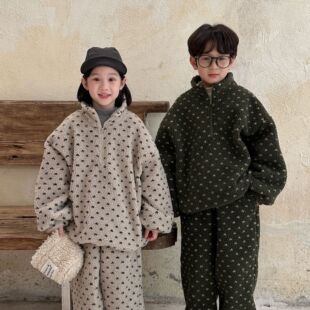 末小蒙童套装2026冬款男女童韩版拉链毛毛儿童休闲宽松摇粒绒套装