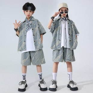 儿童街舞潮服男童牛仔马甲套装女童嘻哈炸街少儿夏天hiphop演出服