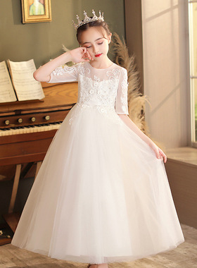 长款中袖修身洋气女孩蓬蓬纱白色婚纱甜美公主裙走秀花童宴会礼服