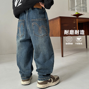 海妈家童装2026春秋新款男童复古刺绣软牛仔裤子韩版秋装长裤