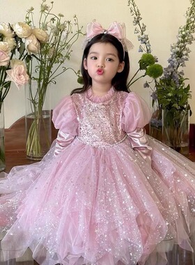 裙女童公主纱裙秋装裙子礼服儿童生日连衣裙粉公主裙蕾丝长袖