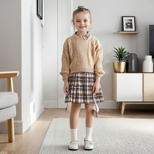 女童秋冬装毛衣套装2026新款女孩韩版时尚格子百褶裙连衣裙
