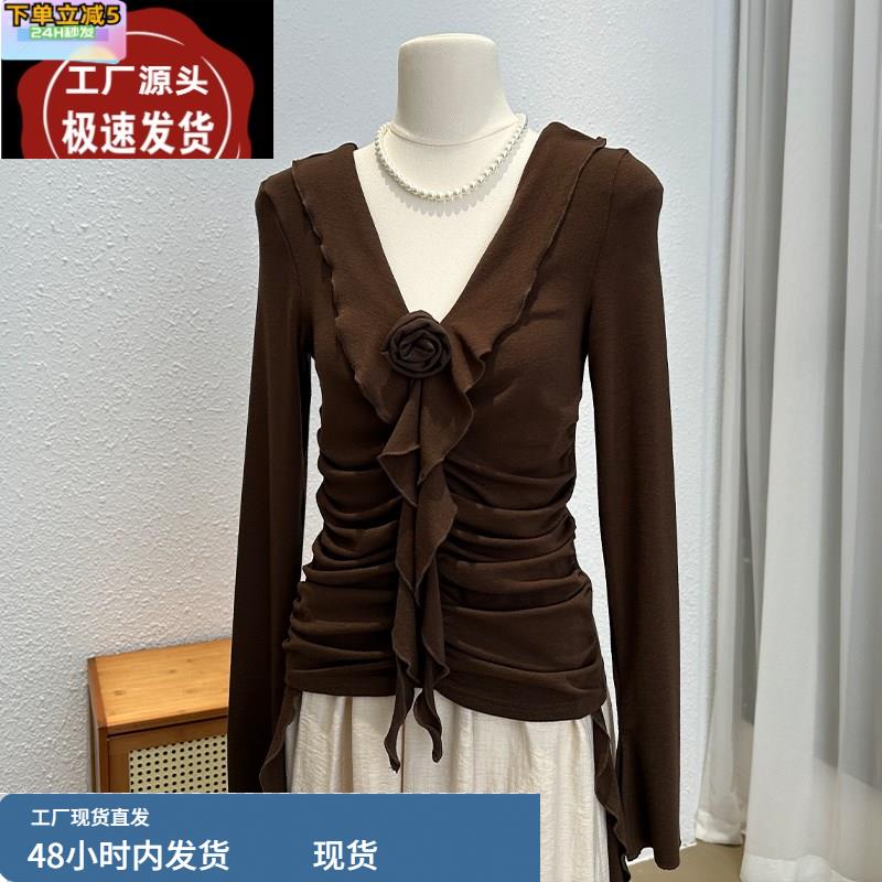 设计感小众长袖t恤女秋季时尚V领玫瑰花拼接独特别致褶皱飘带上衣