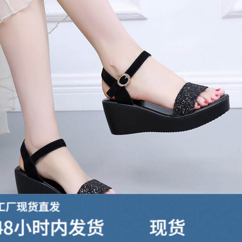 夏女士凉鞋厚底中跟女鞋透气鱼嘴时装鞋舒适防滑妈妈鞋大尺码一字