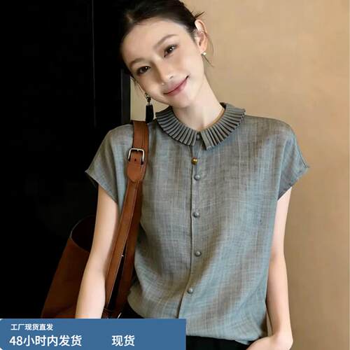真丝女士娃娃领短袖衬衫夏季复古苎麻棉麻文艺休闲宽松小飞袖上衣