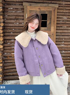 紫色皮毛一体内里羽绒外套2025新款女冬短款超火高级感派克服外套