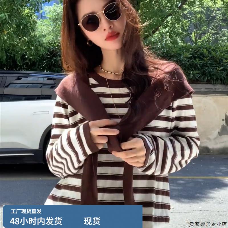 咖色条纹披肩帽长袖T恤女早秋季穿搭巨好看的高级小众不撞衫上衣