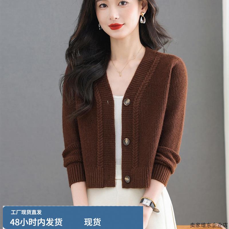 毛衣短外套女士2025年新款春秋季V领针织开衫小个子宽松显瘦上衣