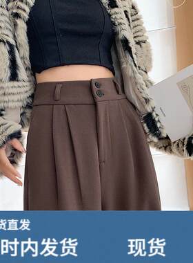 窄版毛呢阔腿裤女裤子秋冬季垂感直筒宽松西裤显瘦咖色西装裤长裤