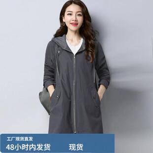 纯檰风衣女中长款2024年春装新款宽松大码休闲百搭女士连帽外套潮