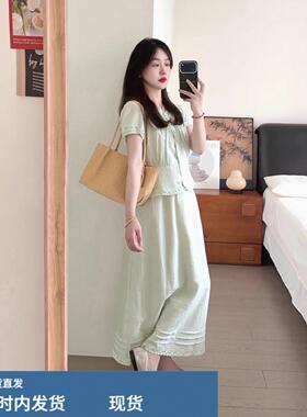 甜美温柔风青绿色套装女夏季蕾丝花边衬衫上衣高腰半身裙两件套