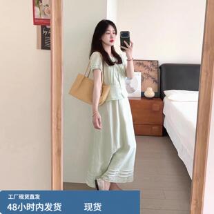 甜美温柔风青绿色套装女夏季蕾丝花边衬衫上衣高腰半身裙两件套