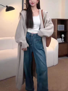 秋冬新连帽毛衣开衫女中长款慵懒风高级感蝙蝠袖针织大衣加厚外套