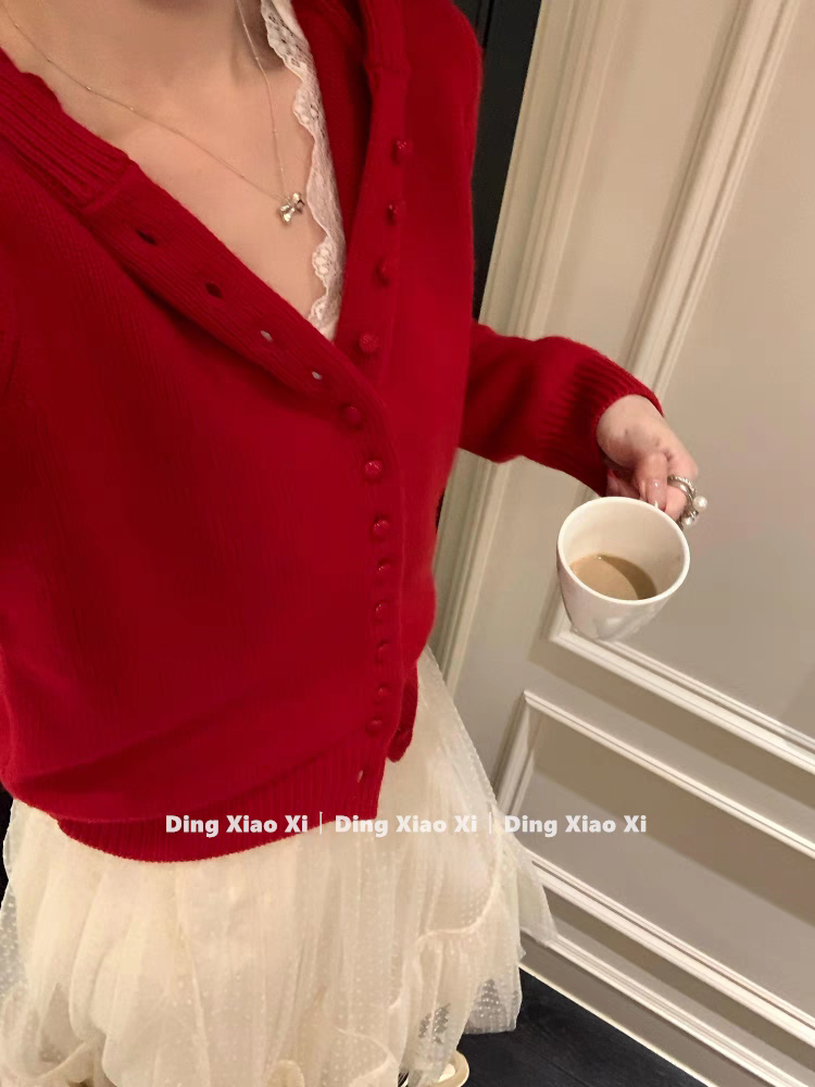 冬季本命新年红色连帽毛衣针织开衫上衣漂亮独特超好看外套女秋冬