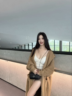 暖呼呼秋冬新款加厚仿貂毛长款连帽开衫毛衣温柔毛绒绒上衣外套女