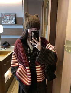 秋冬新款ins网红慵懒风韩版加厚红色条纹针织毛衣宽松开衫外套女