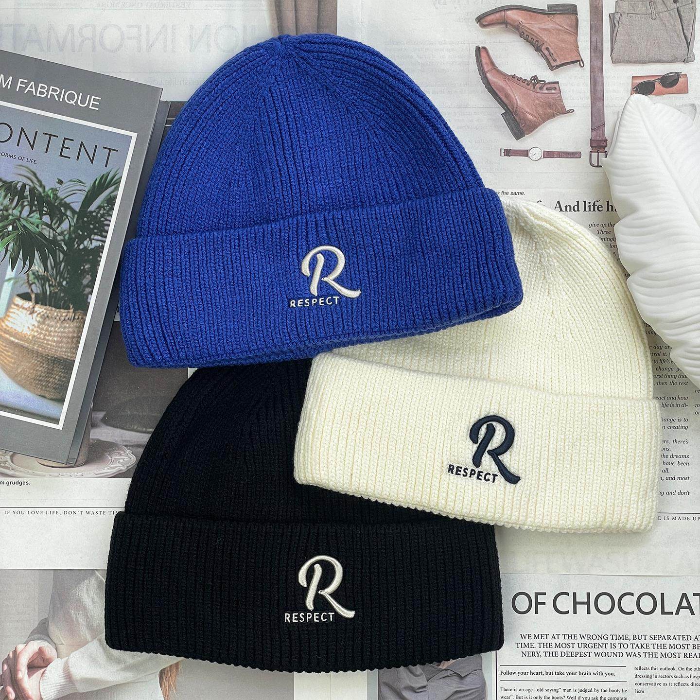 2025新款刺绣字母R毛线帽女秋冬保暖护耳针织帽男休闲百搭冷帽子
