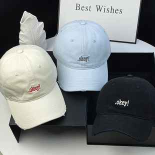 新款 字母刺绣棒球帽男女百搭显脸小鸭舌帽大头围遮阳帽子 破洞韩版