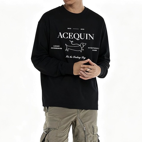 腊肠狗字母印花长袖T恤圆领