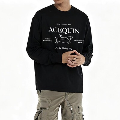 腊肠狗字母印花长袖T恤圆领