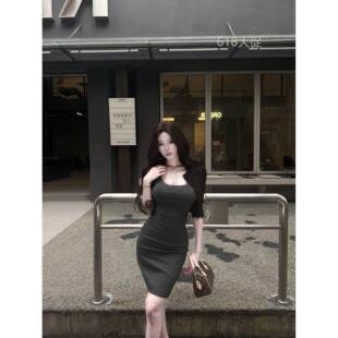 AWMUMU 灰色高腰半身裙女御姐高智风修身弹力西装包臀短裙a字裙子