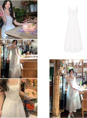 Even一雯【奶油泡芙】韩系吊带洋装女春夏温柔显瘦白色蕾丝长裙